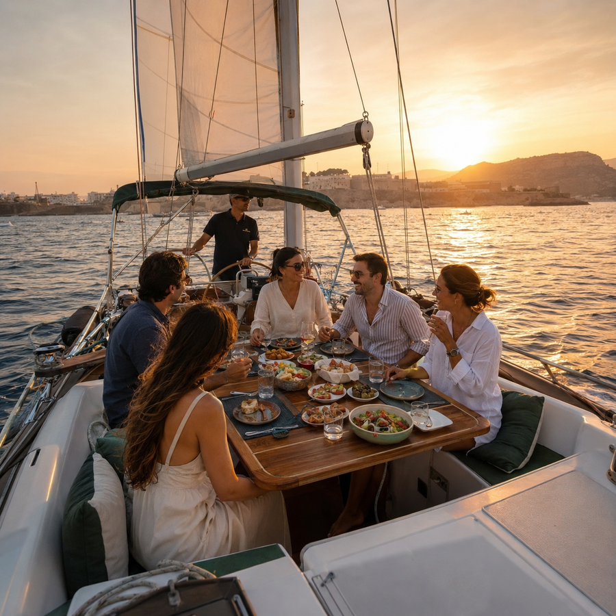 Velero al Atardecer con Cena a Bordo